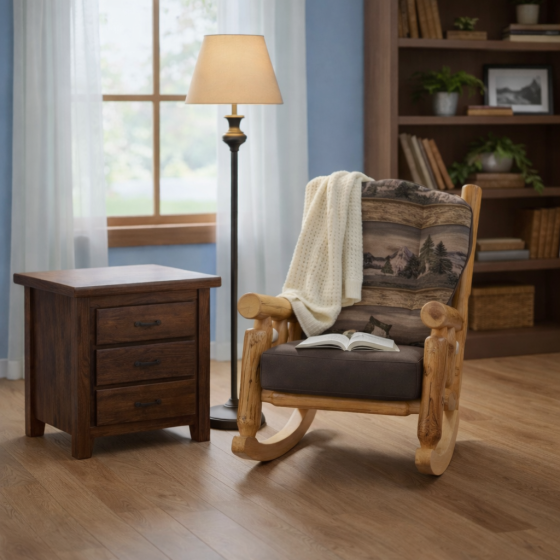 3 Drawer End Table: Some lifestyle images are created with AI for visualization purposes. Crafted from natural solid wood, each piece is unique and will vary.