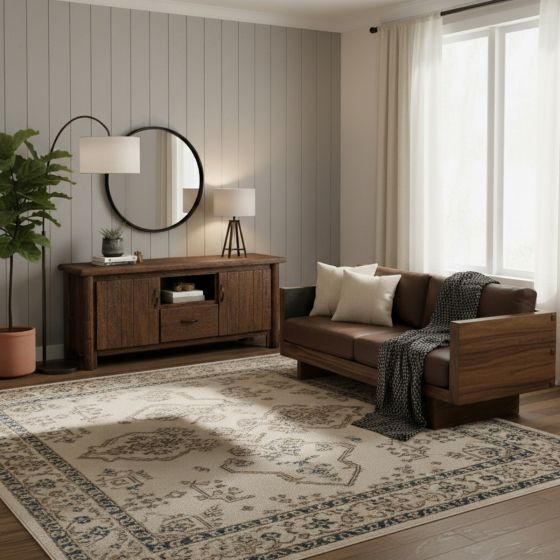 Log Entertainment Center: Some lifestyle images are created with AI for visualization purposes. Crafted from natural solid wood, each piece is unique and will vary.