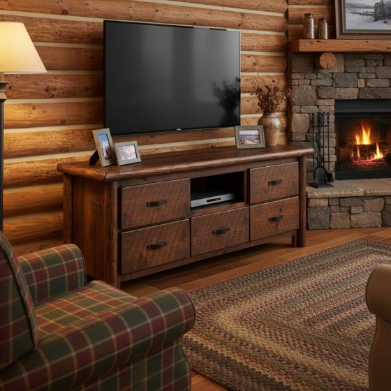 Log Entertainment Center: Some lifestyle images are created with AI for visualization purposes. Crafted from natural solid wood, each piece is unique and will vary.