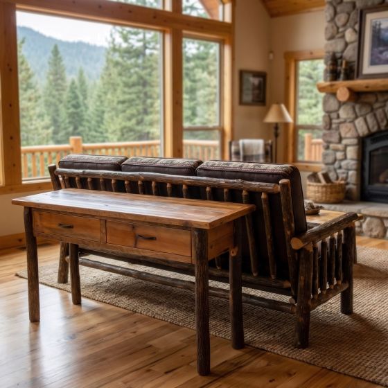 Hickory and Barnwood Sofa Table: Some lifestyle images are created with AI for visualization purposes. Crafted from natural solid wood, each piece is unique and will vary.