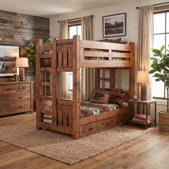 Bunk Bed with Storage: Some lifestyle images are created with AI for visualization purposes. Crafted from natural solid wood, each piece is unique and will vary.