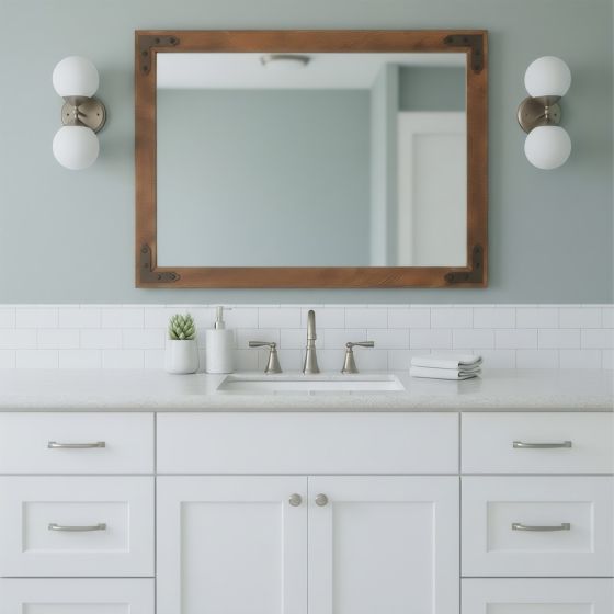 Bathroom Mirror: Some lifestyle images are created with AI for visualization purposes. Crafted from natural solid wood, each piece is unique and will vary.