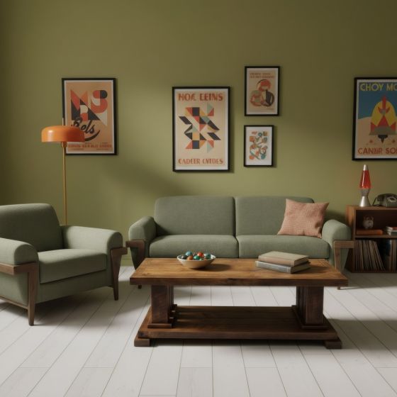 Sawmill Coffee Table: Some lifestyle images are created with AI for visualization purposes. Crafted from natural solid wood, each piece is unique and will vary.