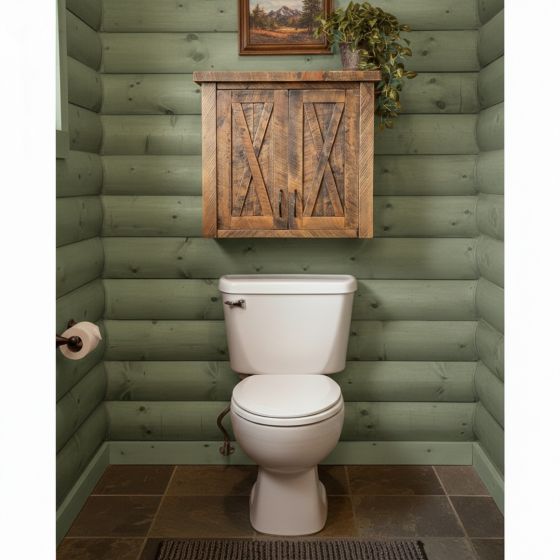 Rustic Toilet Topper Cabinet: Some lifestyle images are created with AI for visualization purposes. Crafted from natural solid wood, each piece is unique and will vary.