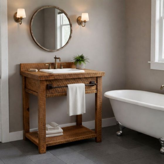 Rustic Vanity: Some lifestyle images are created with AI for visualization purposes. Crafted from natural solid wood, each piece is unique and will vary.