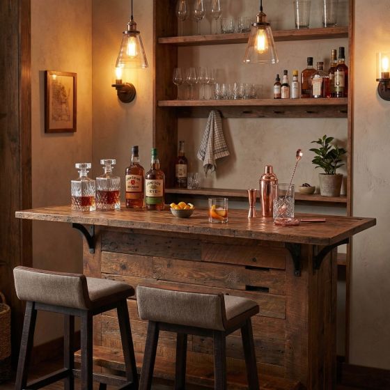 Rustic Barn Wood Bar: Some lifestyle images are created with AI for visualization purposes. Crafted from natural solid wood, each piece is unique and will vary.