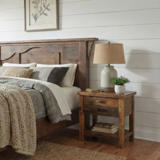 Rustic Barn Wood Nightstand: Some lifestyle images are created with AI for visualization purposes. Crafted from natural solid wood, each piece is unique and will vary.