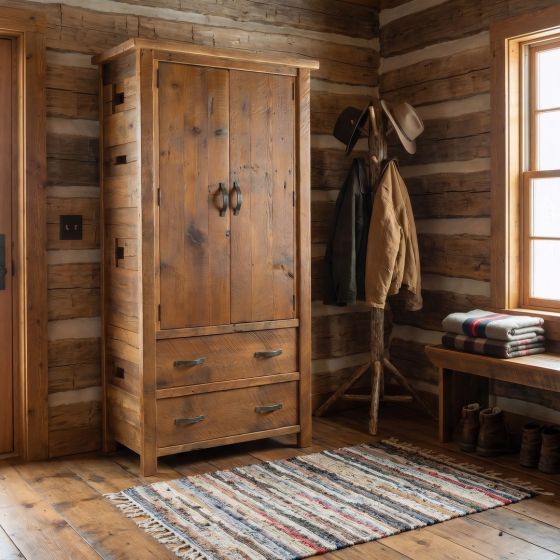 Rustic Barn Wood Armoire: Some lifestyle images are created with AI for visualization purposes. Crafted from natural solid wood, each piece is unique and will vary.