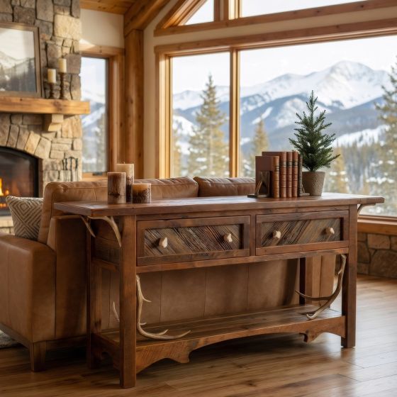 Barn Wood Console Table: Some lifestyle images are created with AI for visualization purposes. Crafted from natural solid wood, each piece is unique and will vary.