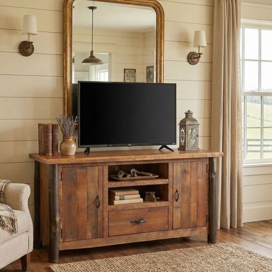 Barnwood TV stand: Some lifestyle images are created with AI for visualization purposes. Crafted from natural solid wood, each piece is unique and will vary.