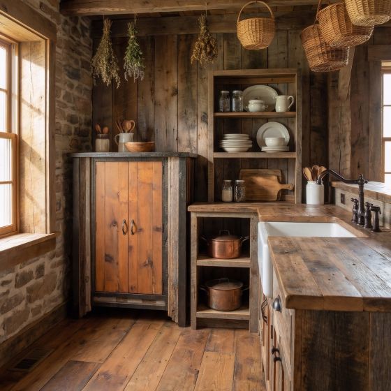 Barn Wood Pantry: Some lifestyle images are created with AI for visualization purposes. Crafted from natural solid wood, each piece is unique and will vary.
