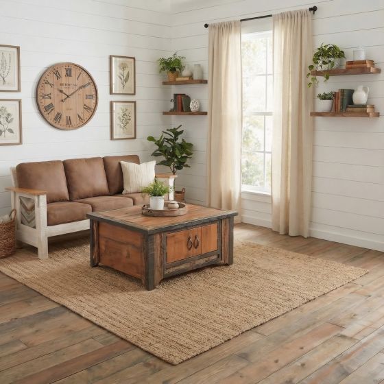 Barn Wood Coffee Table: Some lifestyle images are created with AI for visualization purposes. Crafted from natural solid wood, each piece is unique and will vary.