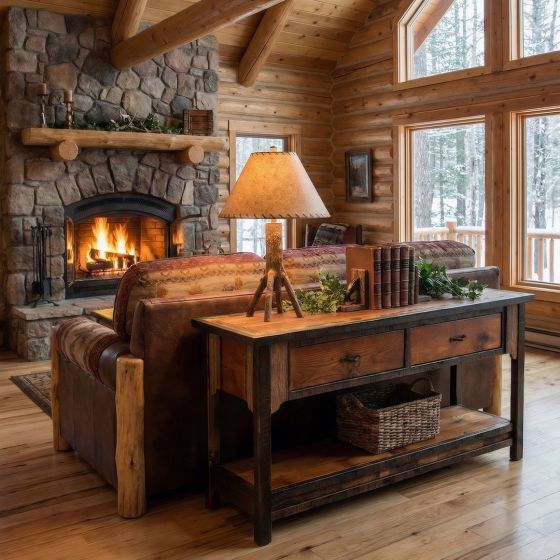 Rustic Barn Wood Sofa Table: Some lifestyle images are created with AI for visualization purposes. Crafted from natural solid wood, each piece is unique and will vary.