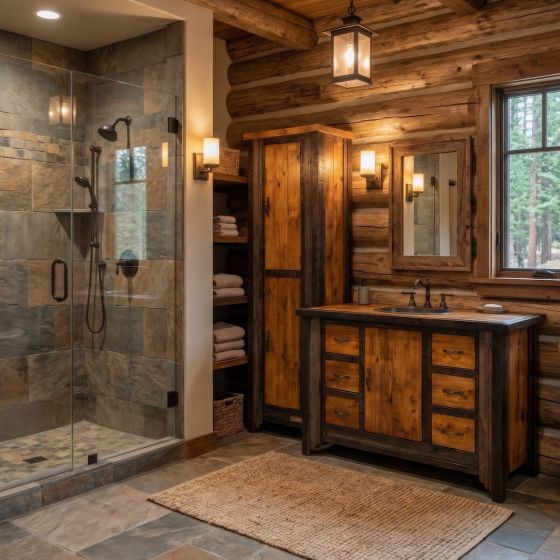 Rustic Barn Wood Vanity: Some lifestyle images are created with AI for visualization purposes. Crafted from natural solid wood, each piece is unique and will vary.