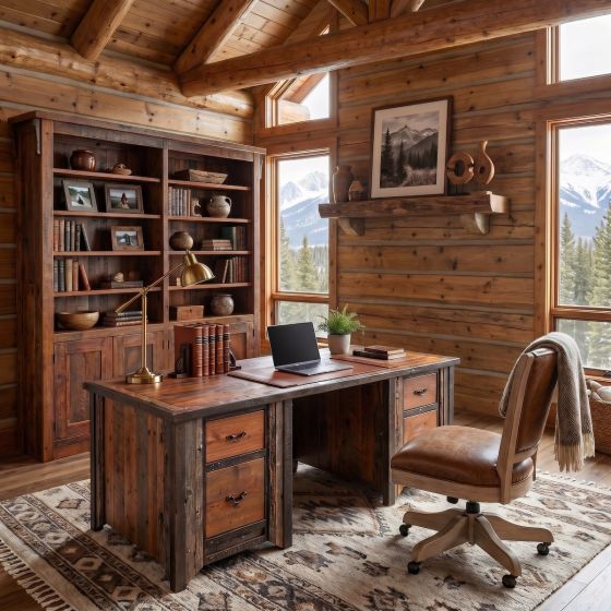 Barn Wood Desk: Some lifestyle images are created with AI for visualization purposes. Crafted from natural solid wood, each piece is unique and will vary.