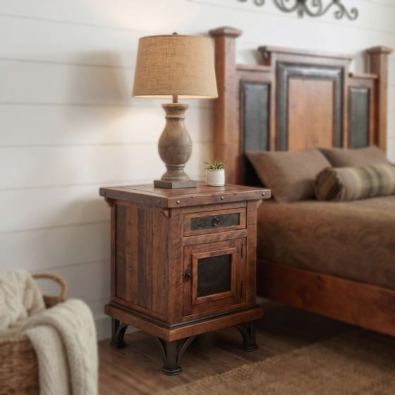 Barn Wood Nightstand: Some lifestyle images are created with AI for visualization purposes. Crafted from natural solid wood, each piece is unique and will vary.