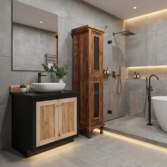 Barn Wood Linen Closet: Some lifestyle images are created with AI for visualization purposes. Crafted from natural solid wood, each piece is unique and will vary.
