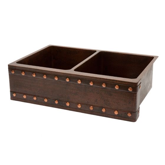 33" Apron Front Barrel Strap Oil Rubbed Bronze Hammered Copper 50/50 Double Basin Kitchen Sink