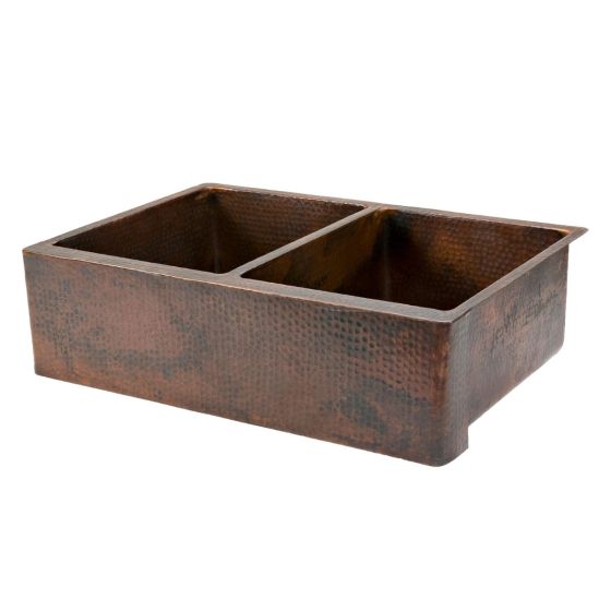 33" Apron Front Oil Rubbed Bronze Hammered Copper 50/50 Double Basin Kitchen Sink