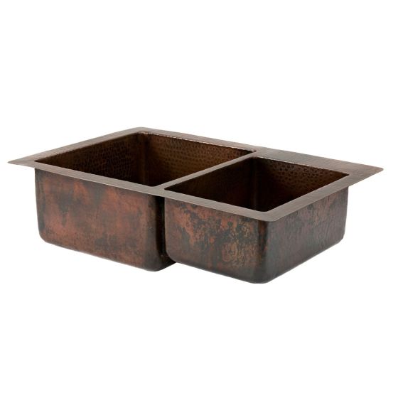 33" Oil Rubbed Bronze Hammered Copper 60/40 Double Basin Kitchen Sink