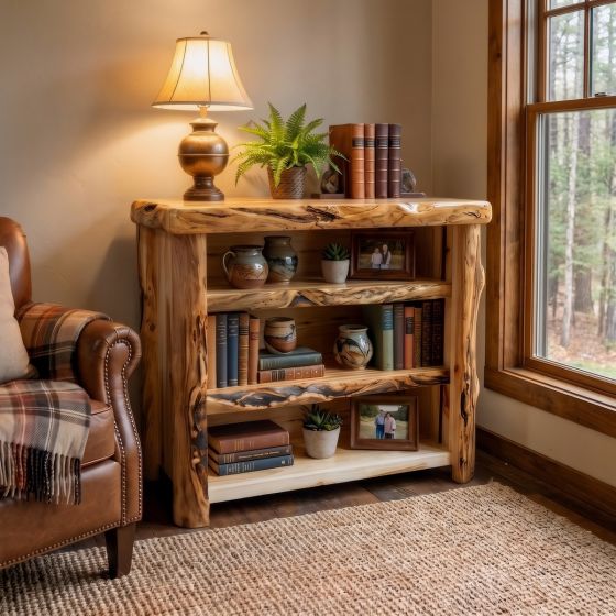 Rustic Log Bookcase: Some lifestyle images are created with AI for visualization purposes. Crafted from natural solid wood, each piece is unique and will vary.