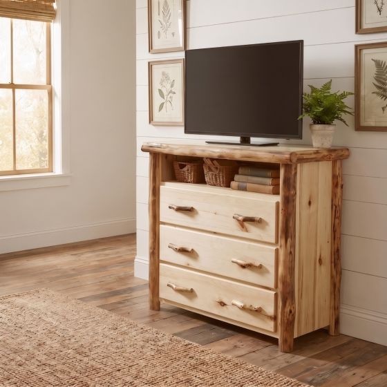 Log TV Stand: Some lifestyle images are created with AI for visualization purposes. Crafted from natural solid wood, each piece is unique and will vary.