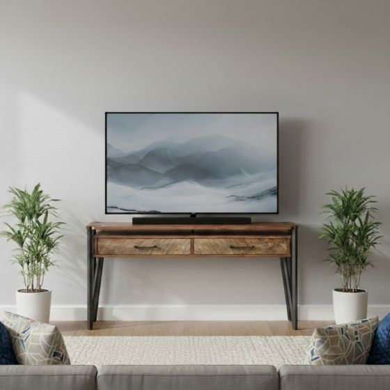 Barnwood TV Stand: Some lifestyle images are created with AI for visualization purposes. Crafted from natural solid wood, each piece is unique and will vary.