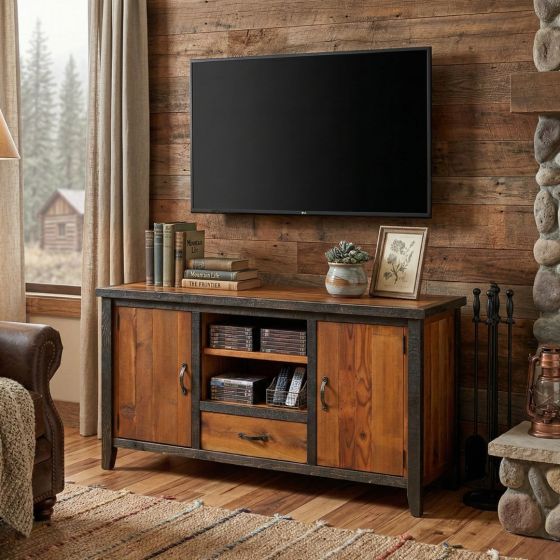 Rustic TV Stand: Some lifestyle images are created with AI for visualization purposes. Crafted from natural solid wood, each piece is unique and will vary.