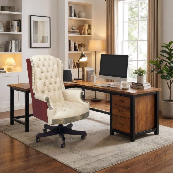 Office Chair: Some lifestyle images are created with AI for visualization purposes. Crafted from natural solid wood, each piece is unique and will vary.