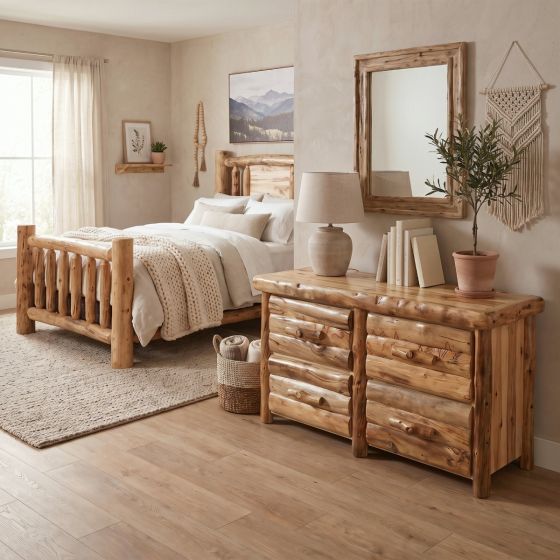 Aspen Log Dresser: Some lifestyle images are created with AI for visualization purposes. Crafted from natural solid wood, each piece is unique and will vary.