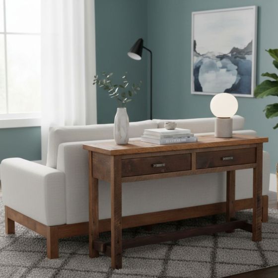 Modern Sofa Table: Some lifestyle images are created with AI for visualization purposes. Crafted from natural solid wood, each piece is unique and will vary.
