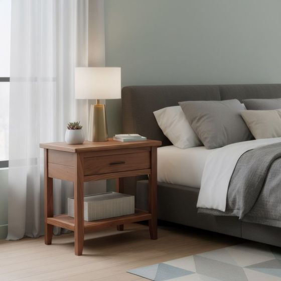 Walnut Nightstand: Some lifestyle images are created with AI for visualization purposes. Crafted from natural solid wood, each piece is unique and will vary.