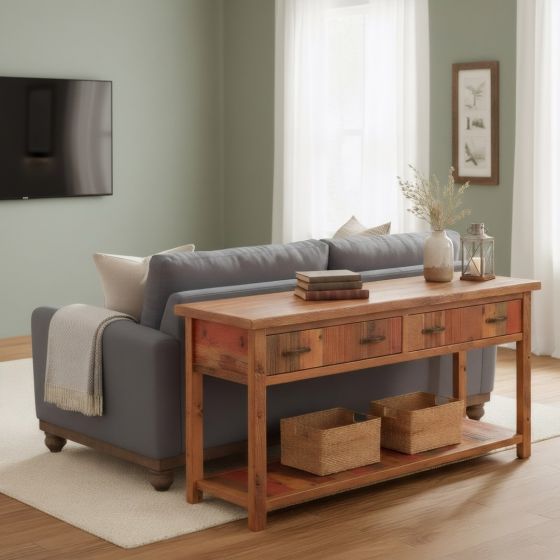 Sofa Table: Some lifestyle images are created with AI for visualization purposes. Crafted from natural solid wood, each piece is unique and will vary.