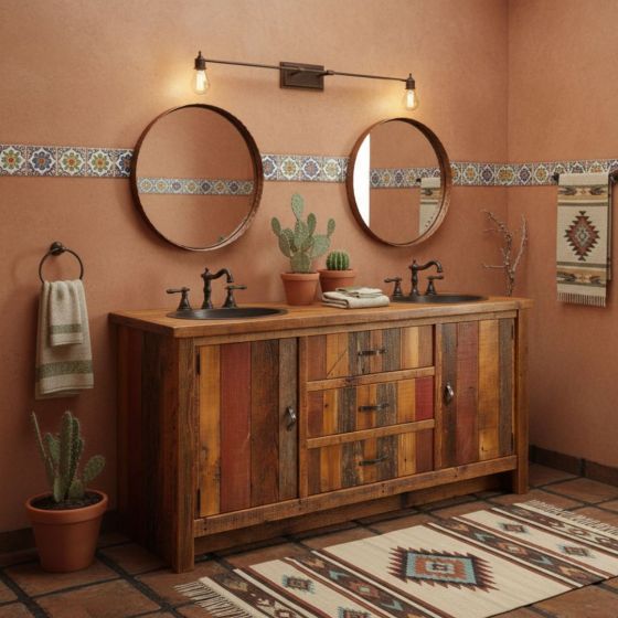 Barn Wood Vanity: Some lifestyle images are created with AI for visualization purposes. Crafted from natural solid wood, each piece is unique and will vary.