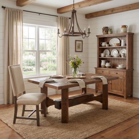 Reclaimed Barn Wood Dining Table: Some lifestyle images are created with AI for visualization purposes. Crafted from natural solid wood, each piece is unique and will vary.