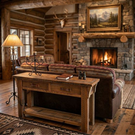 Rustic Barn Wood Sofa Table: Some lifestyle images are created with AI for visualization purposes. Crafted from natural solid wood, each piece is unique and will vary.