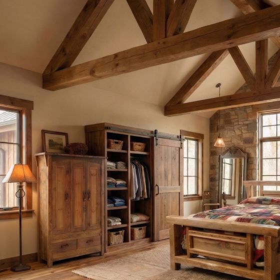Barn Wood Wardrobe: Some lifestyle images are created with AI for visualization purposes. Crafted from natural solid wood, each piece is unique and will vary.