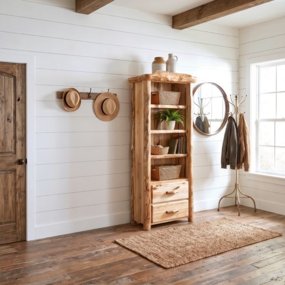 Aspen Bookcase: Some lifestyle images are created with AI for visualization purposes. Crafted from natural solid wood, each piece is unique and will vary.