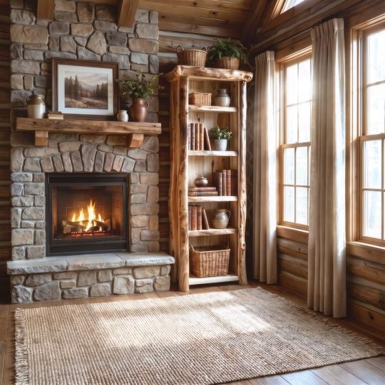 Aspen Log Bookcase: Some lifestyle images are created with AI for visualization purposes. Crafted from natural solid wood, each piece is unique and will vary.
