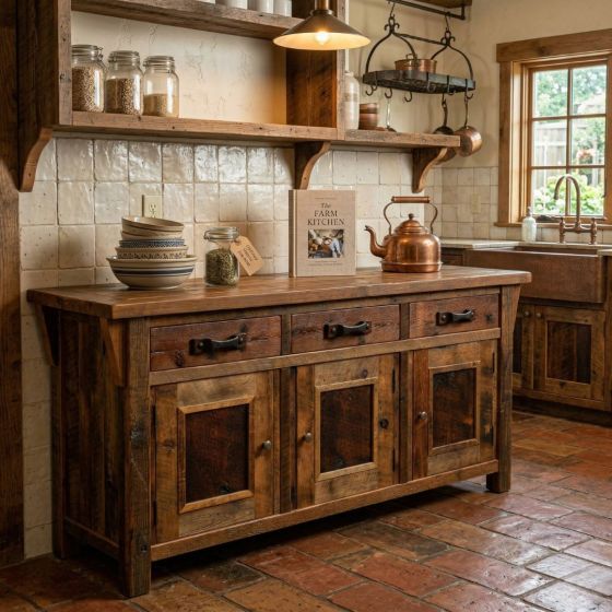 Rustic Sideboard: Some lifestyle images are created with AI for visualization purposes. Crafted from natural solid wood, each piece is unique and will vary.