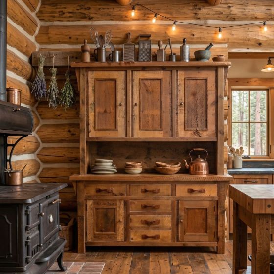 Rustic Barn Wood Hutch: Some lifestyle images are created with AI for visualization purposes. Crafted from natural solid wood, each piece is unique and will vary.