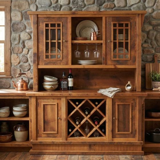 Barn Wood Wine Rack & Hutch: Some lifestyle images are created with AI for visualization purposes. Crafted from natural solid wood, each piece is unique and will vary.