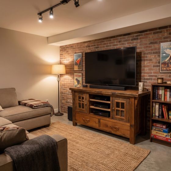 Barn Wood Entertainment Center: Some lifestyle images are created with AI for visualization purposes. Crafted from natural solid wood, each piece is unique and will vary.
