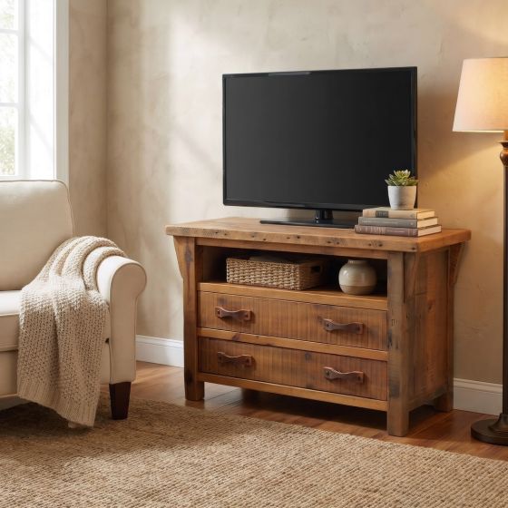Barn Wood TV Stand: Some lifestyle images are created with AI for visualization purposes. Crafted from natural solid wood, each piece is unique and will vary.