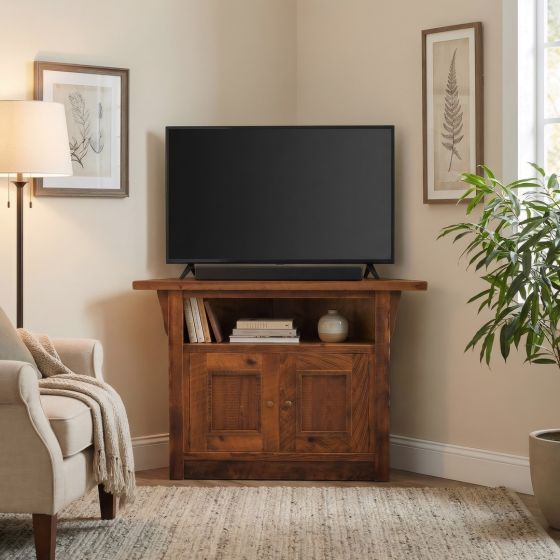Barn Wood Corner TV Stand: Some lifestyle images are created with AI for visualization purposes. Crafted from natural solid wood, each piece is unique and will vary.