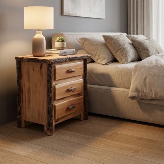 Three Drawer Nightstand: Some lifestyle images are created with AI for visualization purposes. Crafted from natural solid wood, each piece is unique and will vary.