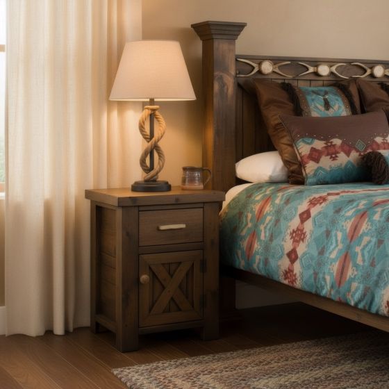 Rustic Nightstand: Some lifestyle images are created with AI for visualization purposes. Crafted from natural solid wood, each piece is unique and will vary.