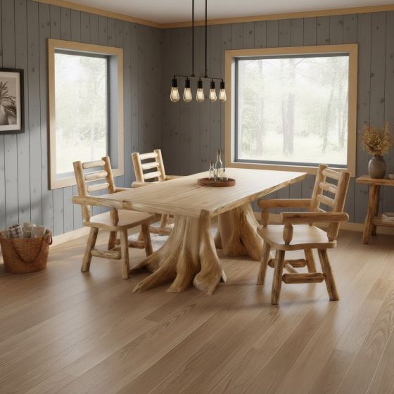 Rustic Cedar Dining Table: Some lifestyle images are created with AI for visualization purposes. Crafted from natural solid wood, each piece is unique and will vary.