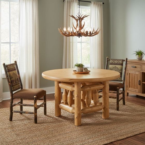 Cedar Log Round Table: Some lifestyle images are created with AI for visualization purposes. Crafted from natural solid wood, each piece is unique and will vary.