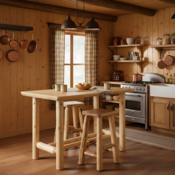 Cedar Log Pub Table: Some lifestyle images are created with AI for visualization purposes. Crafted from natural solid wood, each piece is unique and will vary.